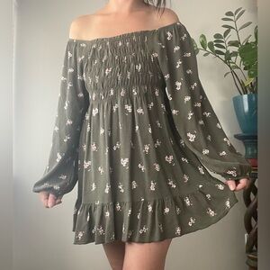 Lovely Melody Off Shoulder Floral Smocked Long Sleeve Green Mini Dress